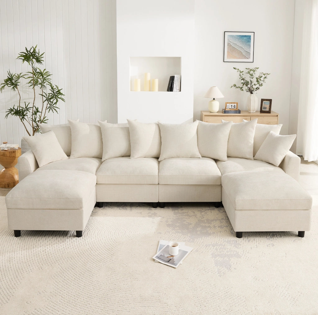 Divano modulare ULEVR 6 posti 283x153,5 cm configurabile a U o L con 2 pouf, USB e Type-C, chenille beige