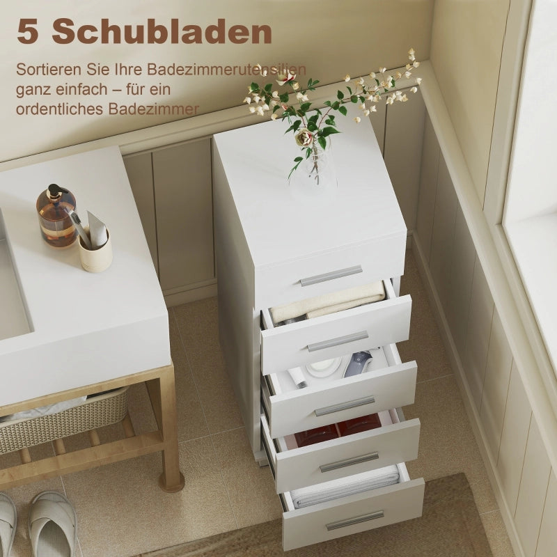 Mobiletto da bagno, mobiletto stretto con 5 cassetti, per bagno, 30 x 30 x 95 cm, bianco