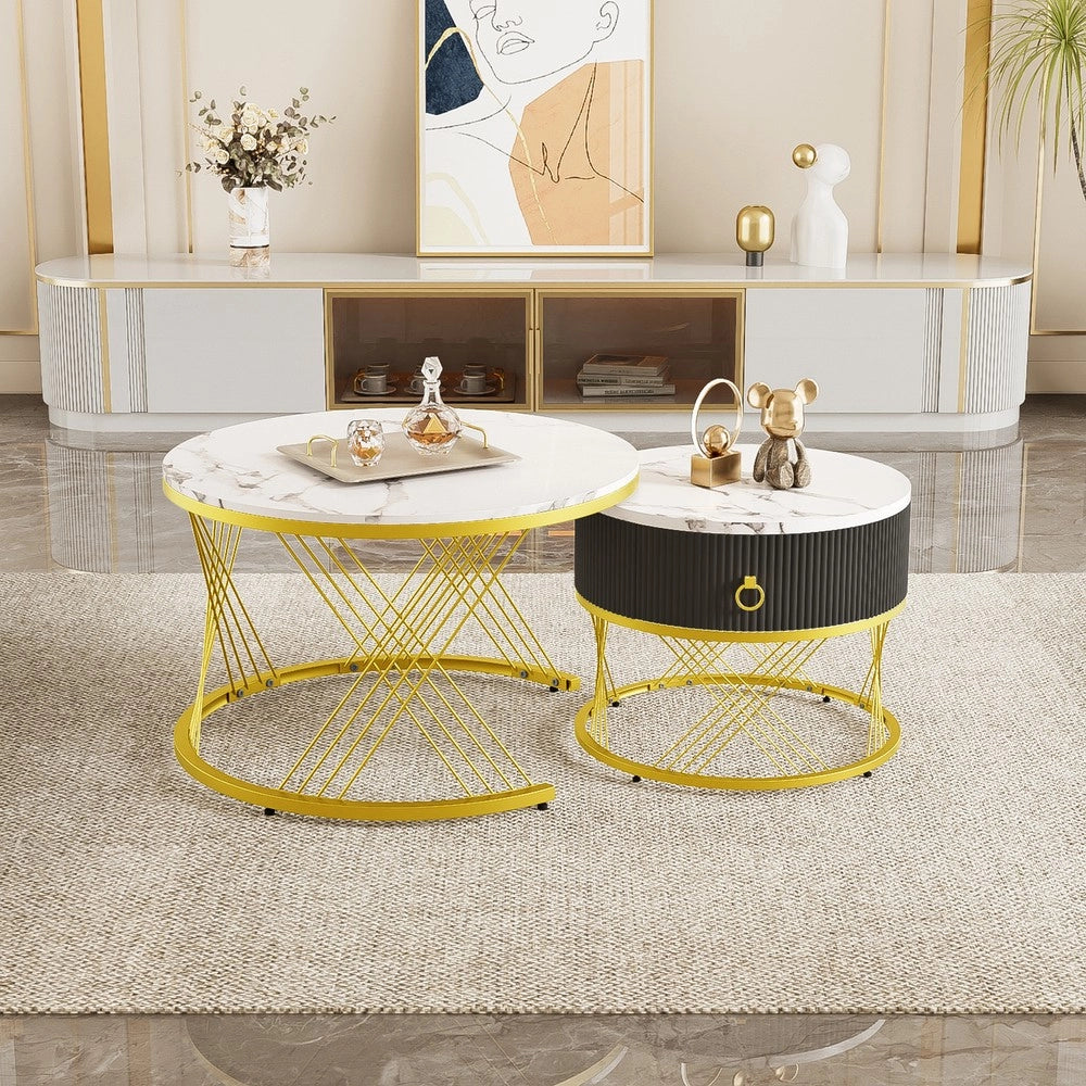 Tavolino da Caff¨¨ Set 2 Pezzi con Cassetti ¨C MINIMAL ¨C Effetto Marmo, Decoro Dorato
