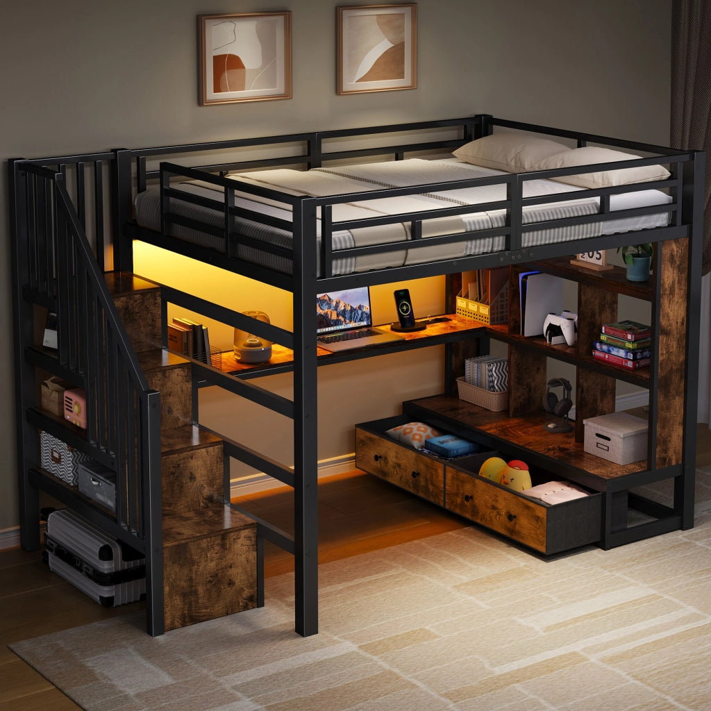 Letto a soppalco 140x200 cm con scrivania; libreria; cassetti e scala; nero