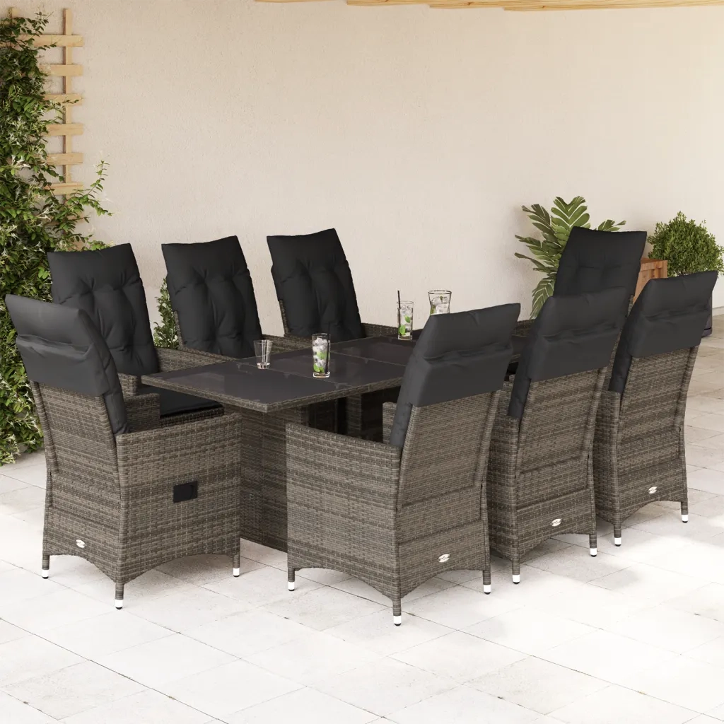 Set da Pranzo da Giardino 9 pz con Cuscini in Polyrattan Grigio 3276745