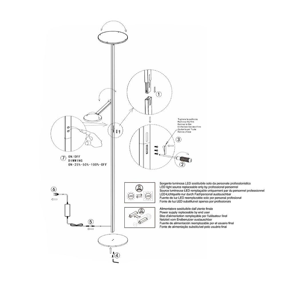 Regina - Piantana a Led Nera in metallo H.180 cm Fabas Luce - 2 luci da 36W e 12W a led integrato 3000K