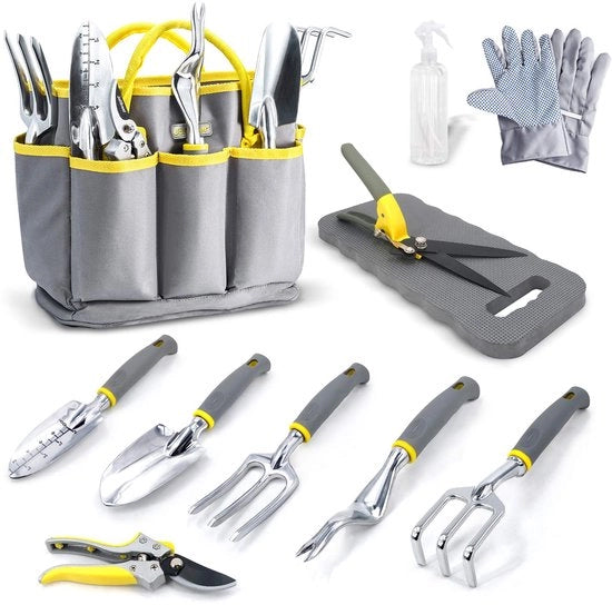 Kit di attrezzi per giardinaggio, 11-in-1 Kit di attrezzi per giardinaggio, Tuingereedschap robusto con impugnatura antiscivolo ergonomico, Set di attrezzi in astuccio incluso, Set di regali per il giardiniere