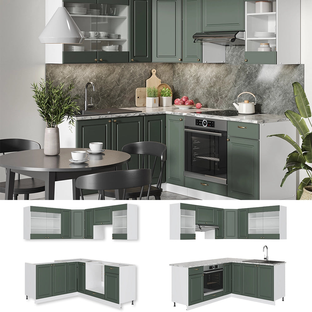Cucina angolare completa Fame-Line Verde-oro rustico/Bianco 190 x 60 cm, PL Antracite Vicco