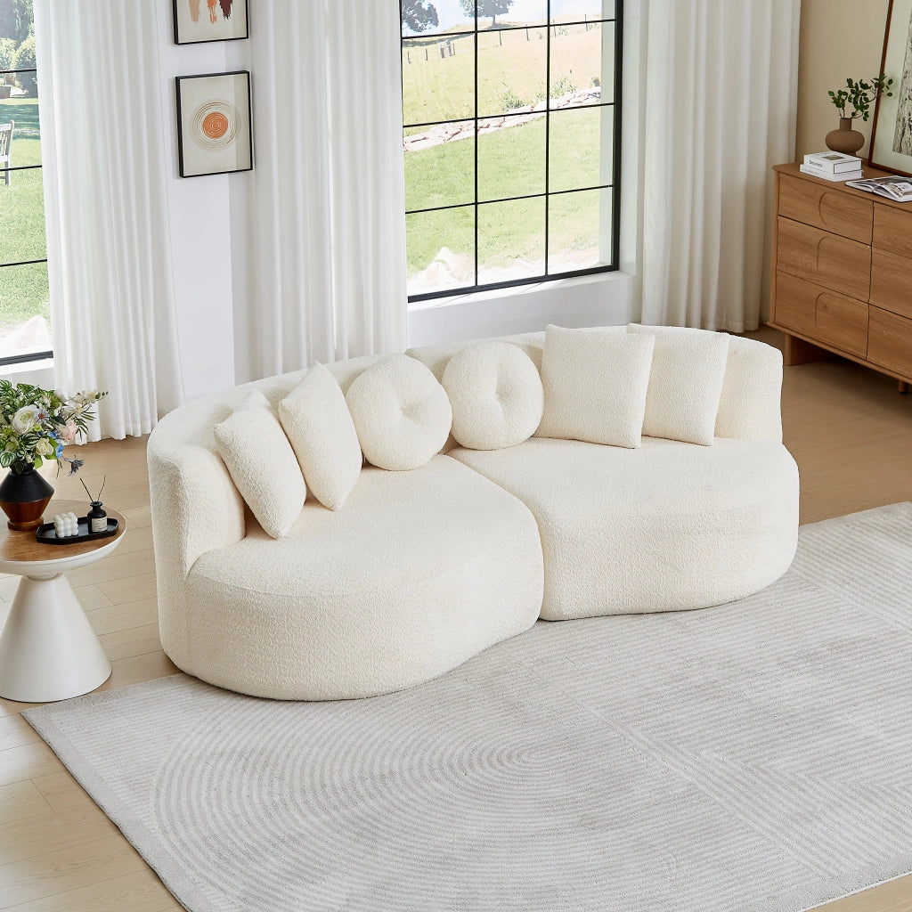 Divano modulare in chenille con schienale continuo e 6 cuscini forma curva a due moduli beige per soggiorno e sala giochi