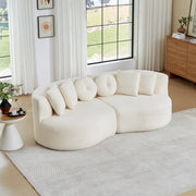 Divano modulare in chenille con schienale continuo e 6 cuscini forma curva a due moduli beige per soggiorno e sala giochi