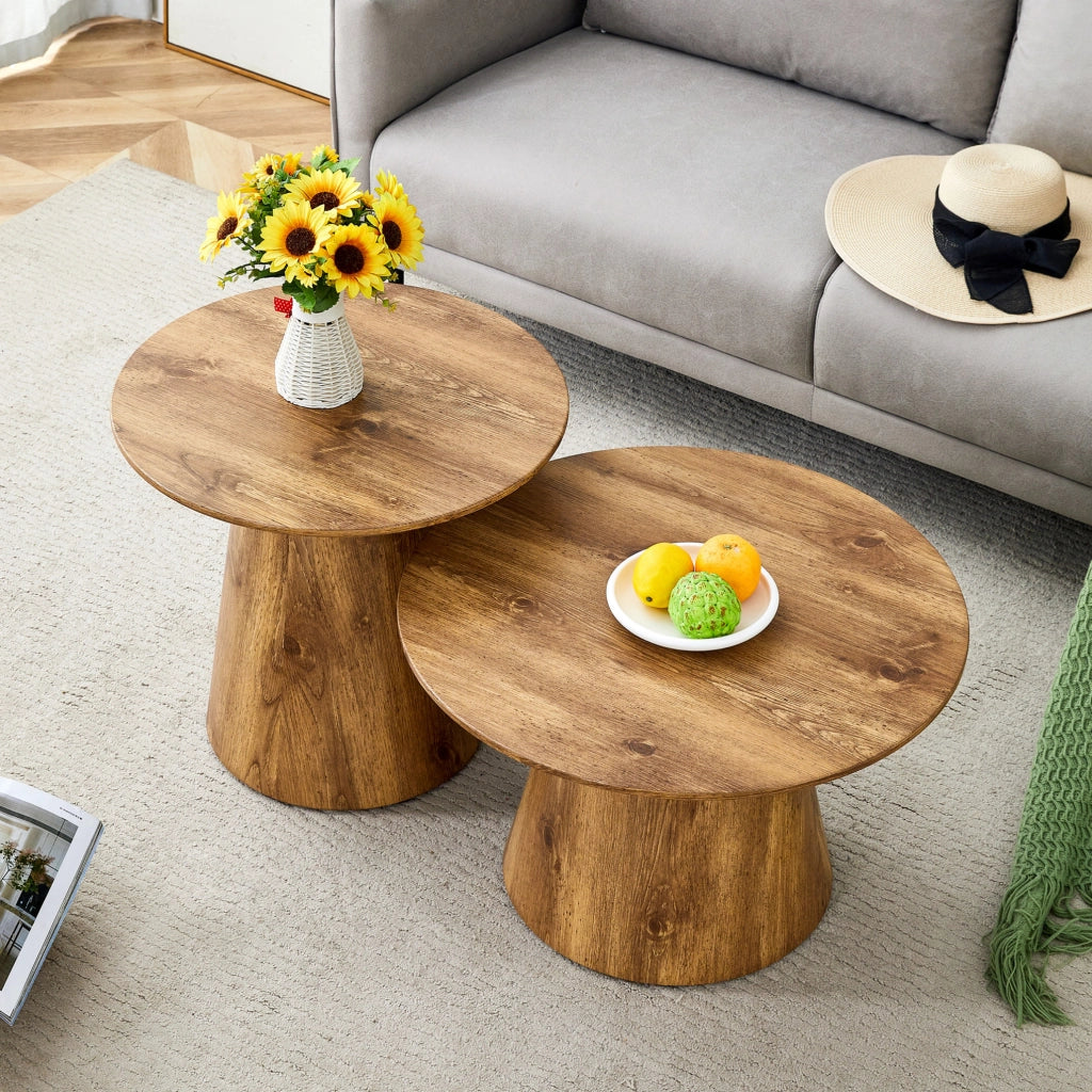 Set di 2 tavolini rotondi con effetto legno in MDF naturale