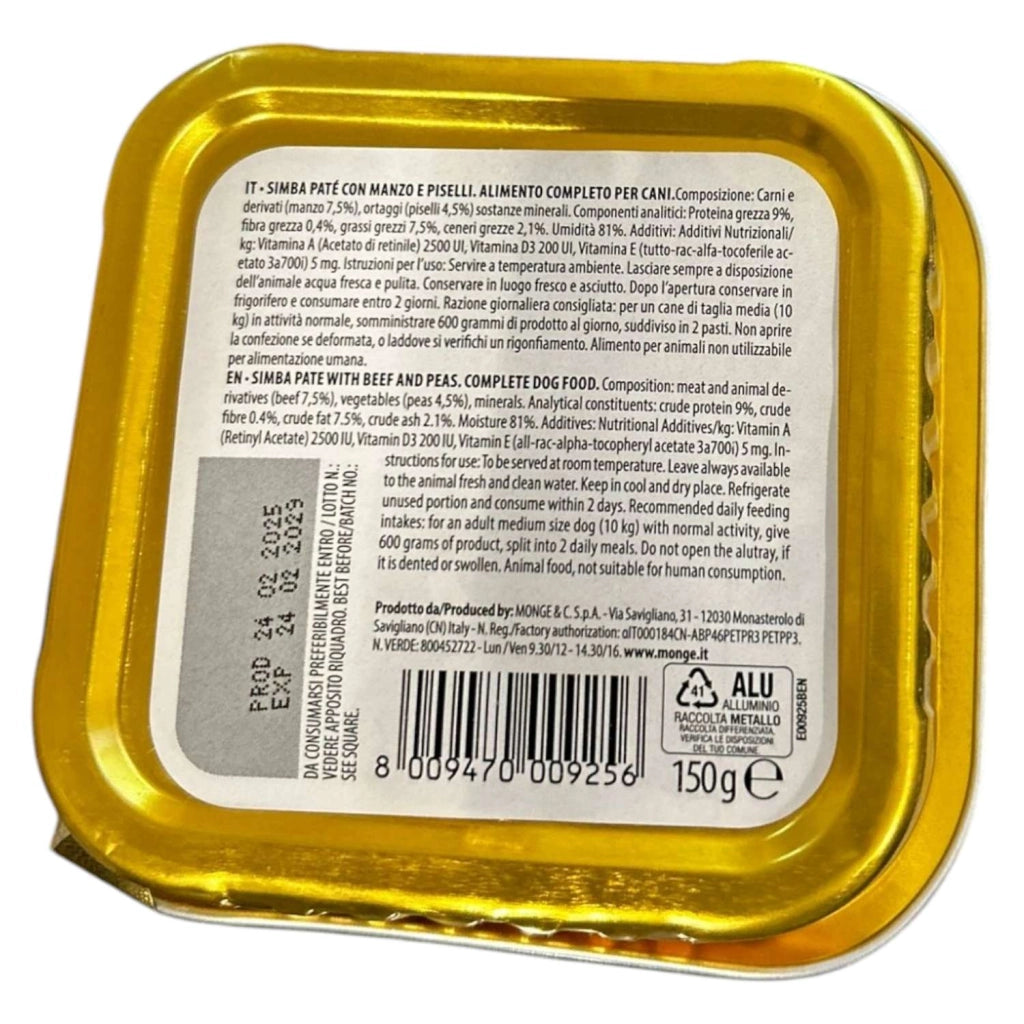 PATE' PER CANI ADULTI CON MANZO E PISELLI 150gr