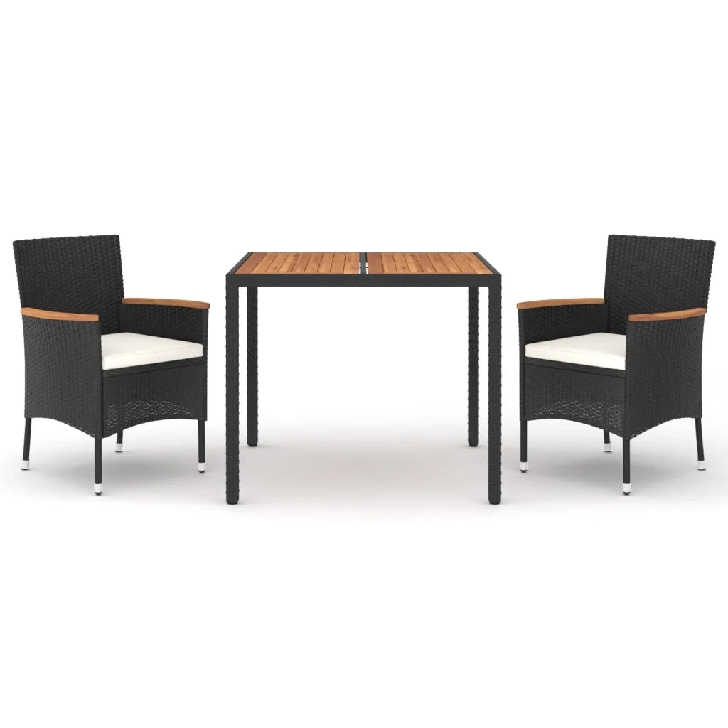 Set da Pranzo da Giardino 3 pz con Cuscini Nero in Polyrattan