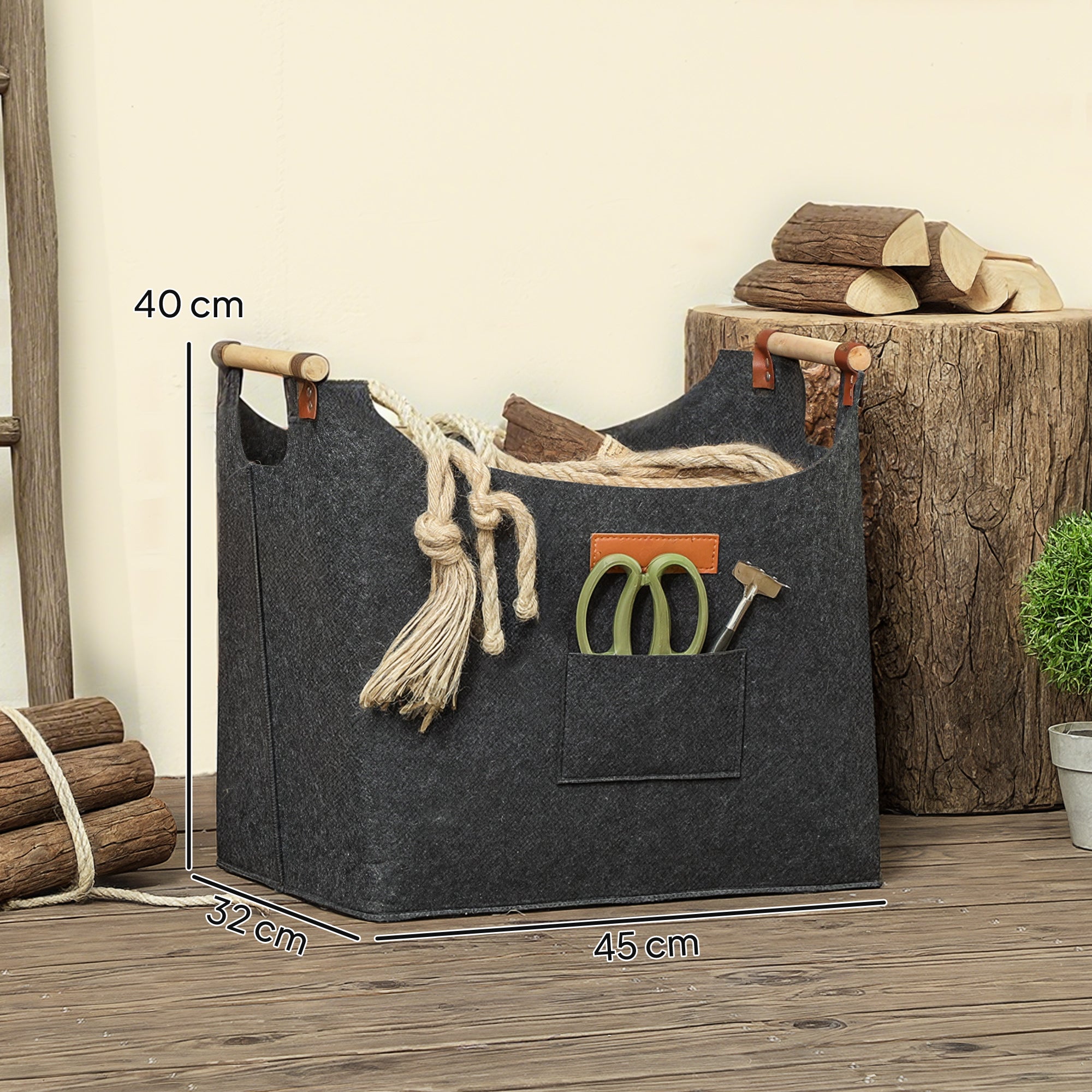 Borsa Portalegna da Interno con Manici in Legno 45x32x40 cm in Feltro Grigio Scuro