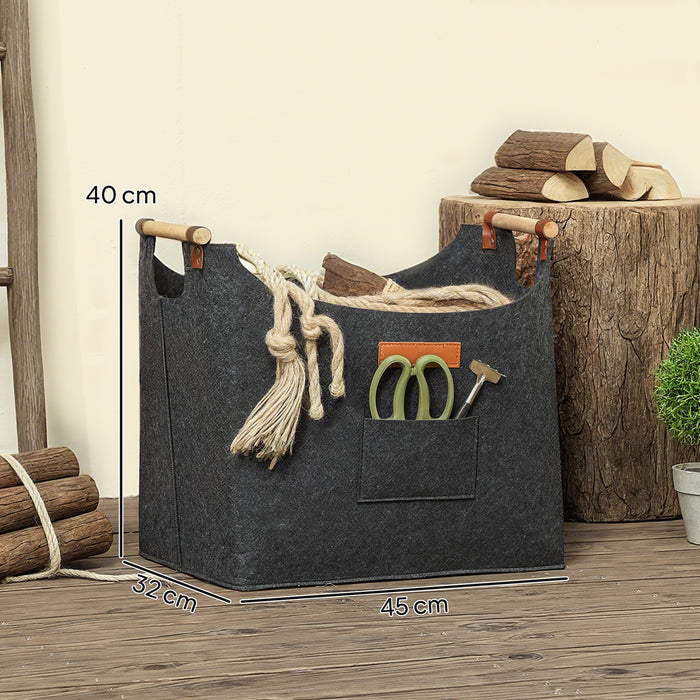 Borsa Portalegna da Interno con Manici in Legno 45x32x40 cm in Feltro Grigio Scuro