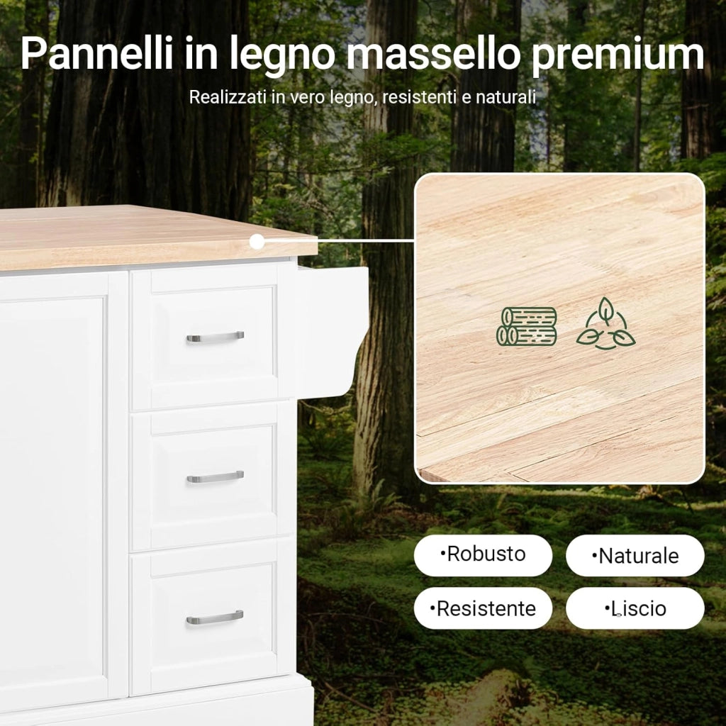 isola cucina con piano di lavoro in legno massello allungabile carrello da cucina con ruote mobile cucina con 3 cassetti Bianco 130x91x(46-71) cm FKW41-II-WN