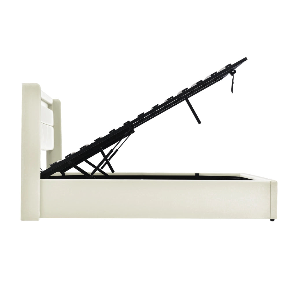 Letti contenitori 160x200 cm; sollevamento idraulico; PU; bianco (Senza materasso)