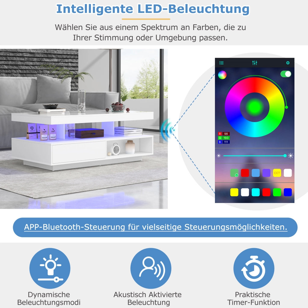 Tavolino da caffè bianco lucido con LED, vetro e cassetti