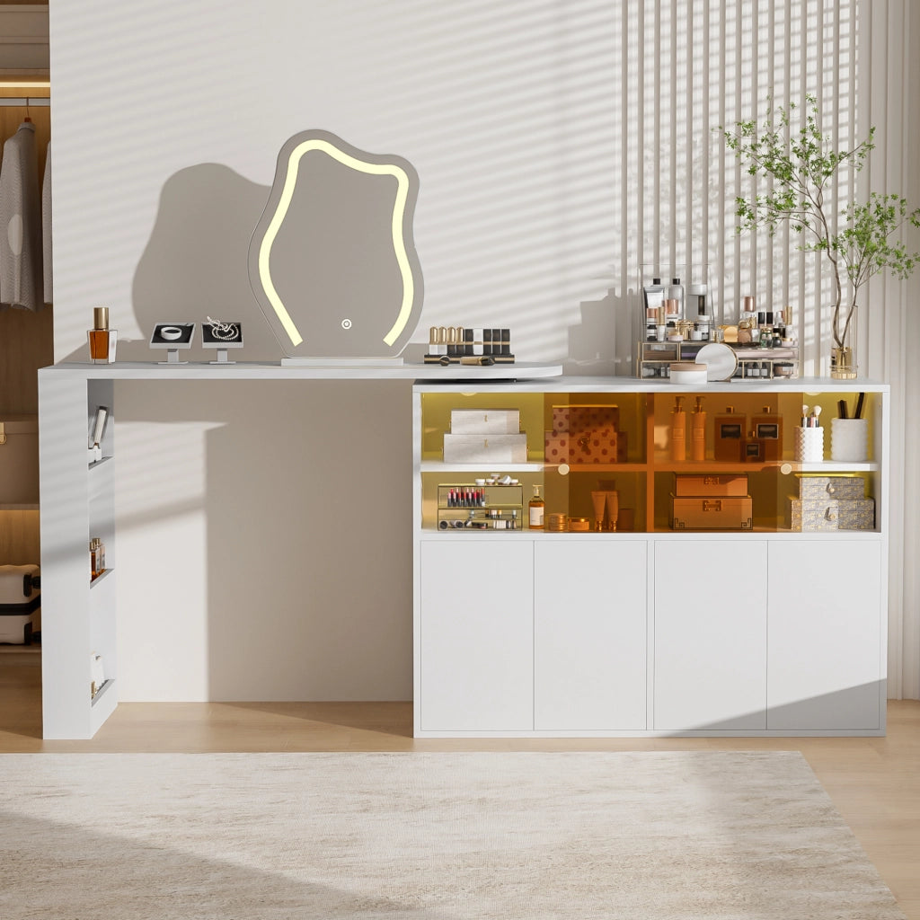 Toeletta girevole a L con specchio LED dimmerabile e contenitore, bianca 177×40×131,5 cm