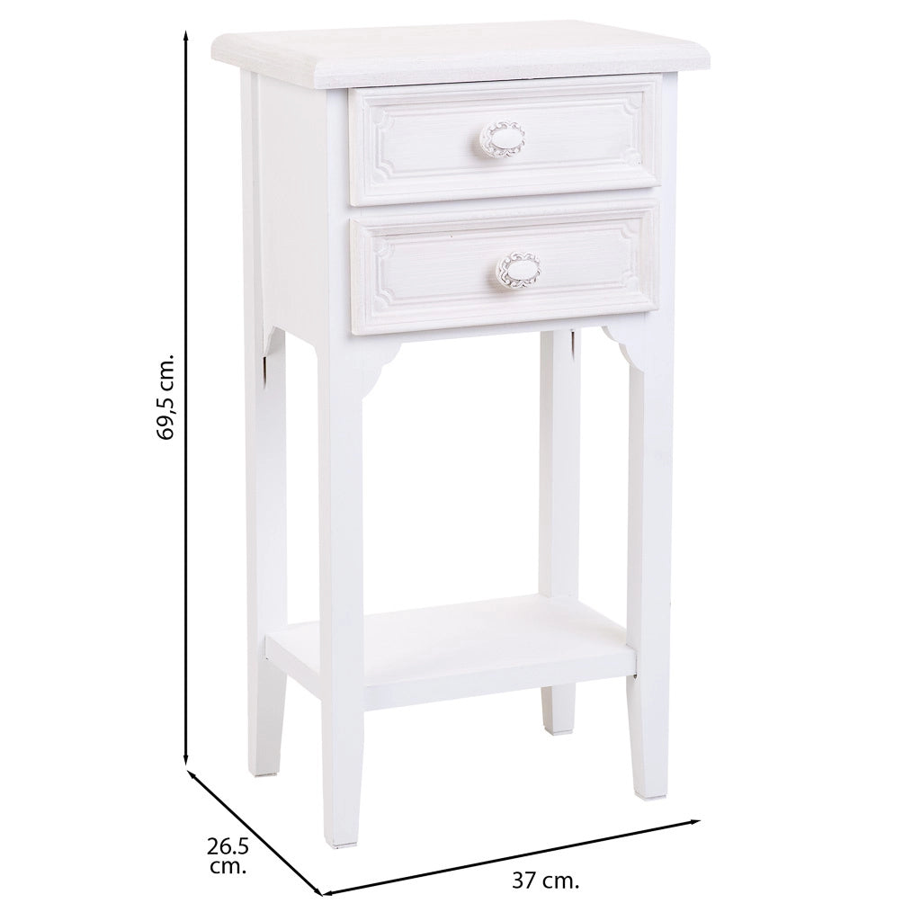 Comodino in legno con 2 cassetti e 1 ripiano bianco 37x26,5x69,5.h cm