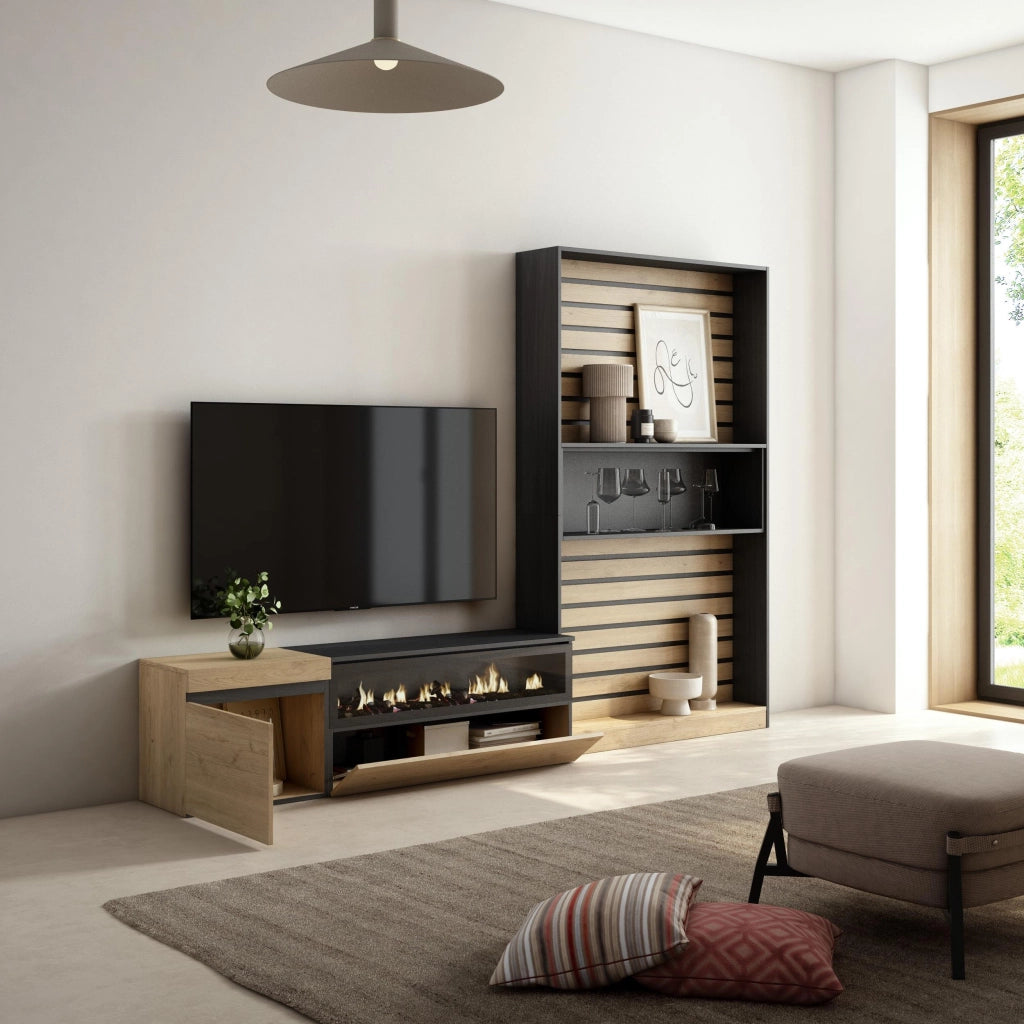 Mobile TV, Soggiorno, 260x35x186cm, Per TV fino a 65", Camino elettrico, colore Rovere e nero RF2539