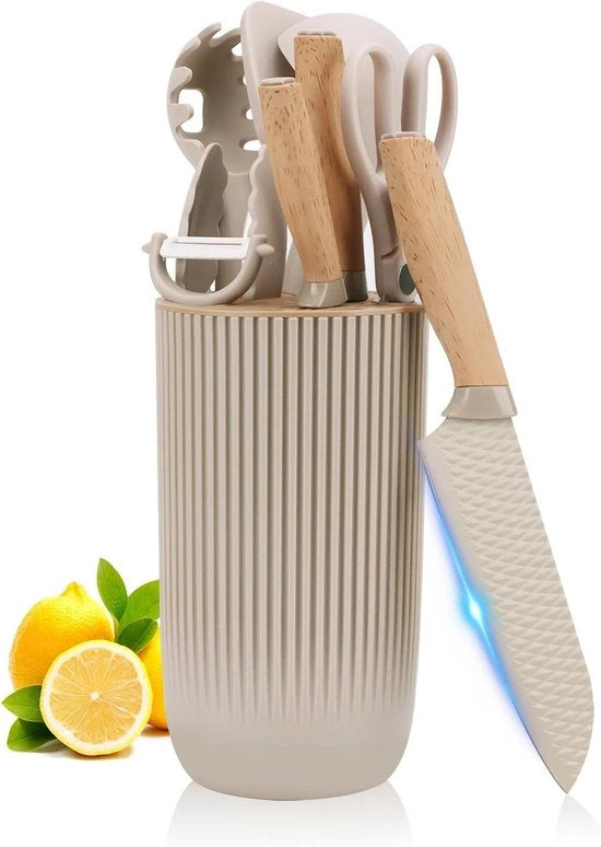 Set di coltelli da cucina in acciaio inossidabile - 6 pezzi | beige - 4 accessori da cucina in silicone | spatola - cucchiaio - cucchiaio per pastella - clip per cibo | colore kaki