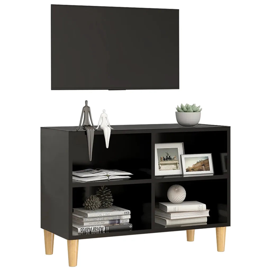 Mobile TV con Gambe in Legno Massello Nero 69,5x30x50 cm 805924
