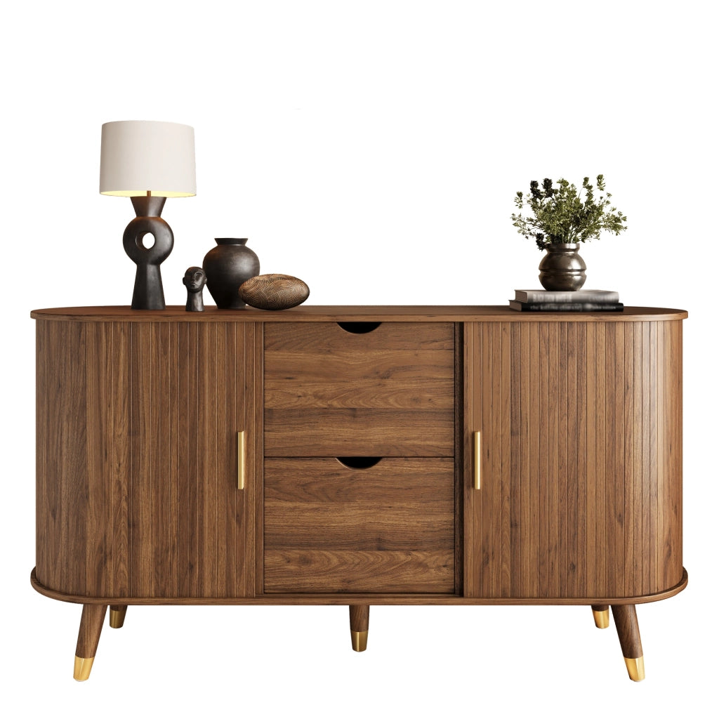 Credenza con 2 Ante Scorrevoli e 2 Cassetti; Angoli Arrotondati; Stile Moderno; in MDF; 140×40×79;5 cm; Noce