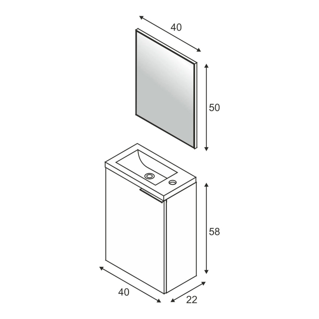 Mobile sottolavabo Akamaru, Mobiletto per bagno sospeso, Armadio a 1 anta e specchio, cm 40x22h58, Rovere