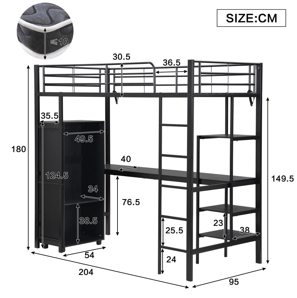 Letto a castello 90x200 cm con scrivania e armadio in metallo nero