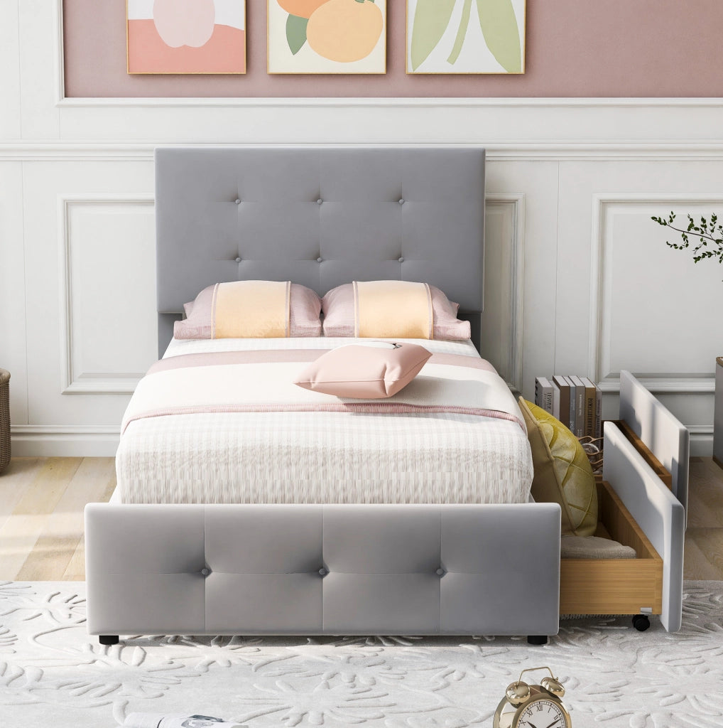 Letto imbottito 90 x 200 cm grigio con rete a doghe e cassetto