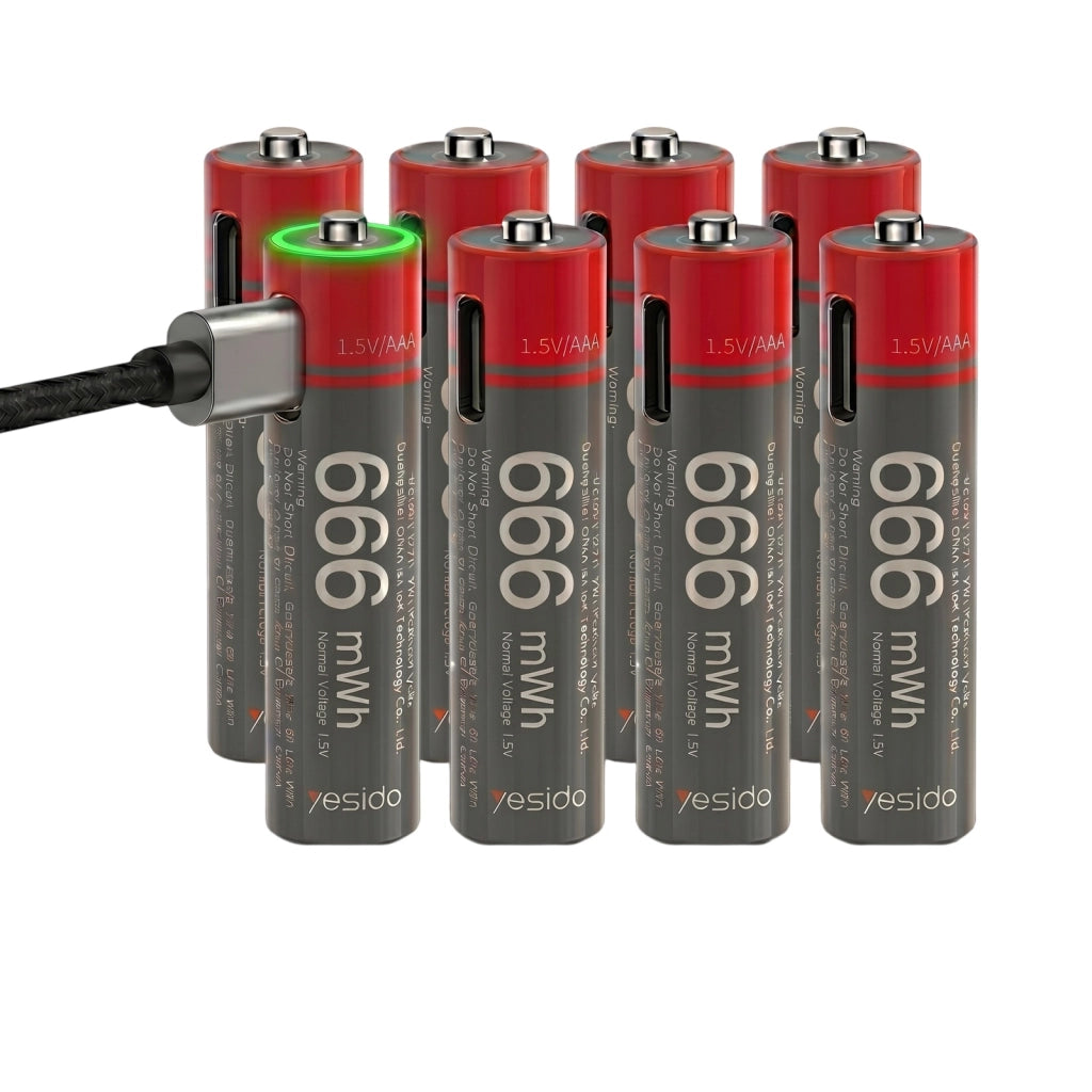 8x Batterie AA Litio 440mAh 1.5V 666mWh Ricaricabili USB-C Nero / Rosso Yesido