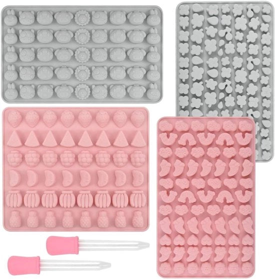Set di stampi in silicone per caramelle e cioccolato con forma di gomma e caramella - 4 forme - Inclusi 2 dosatori - per jelly, caramelle, cioccolato - forma di gomma - 75 caratteri