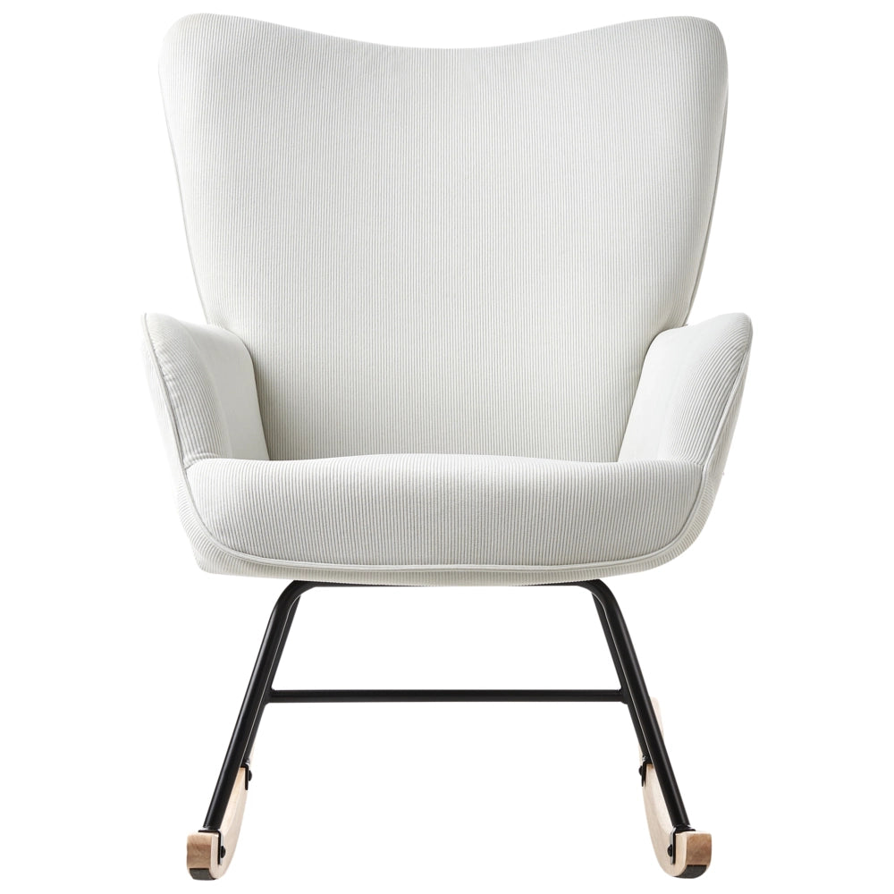 Poltrona a dondolo Bianco sporco Jumbo Corda Tappezzeria Metallo Gambe nere Confortevole Ampio schienale e braccioli Soggiorno Camera da letto