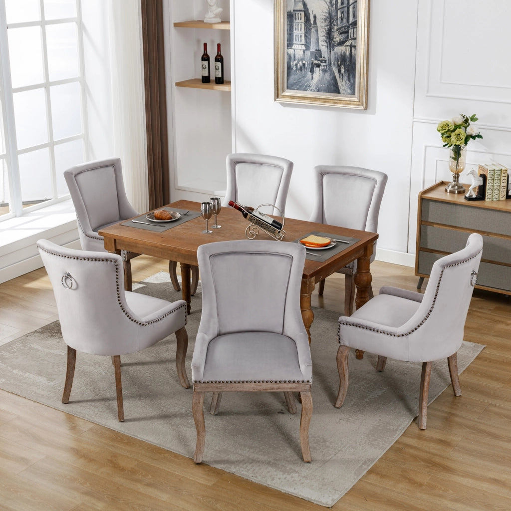 Sedie da Pranzo Imbottite in Velluto con Gambe in Legno Massello ¨C MINIMAL ¨C Set 6 Pezzi, Grigio