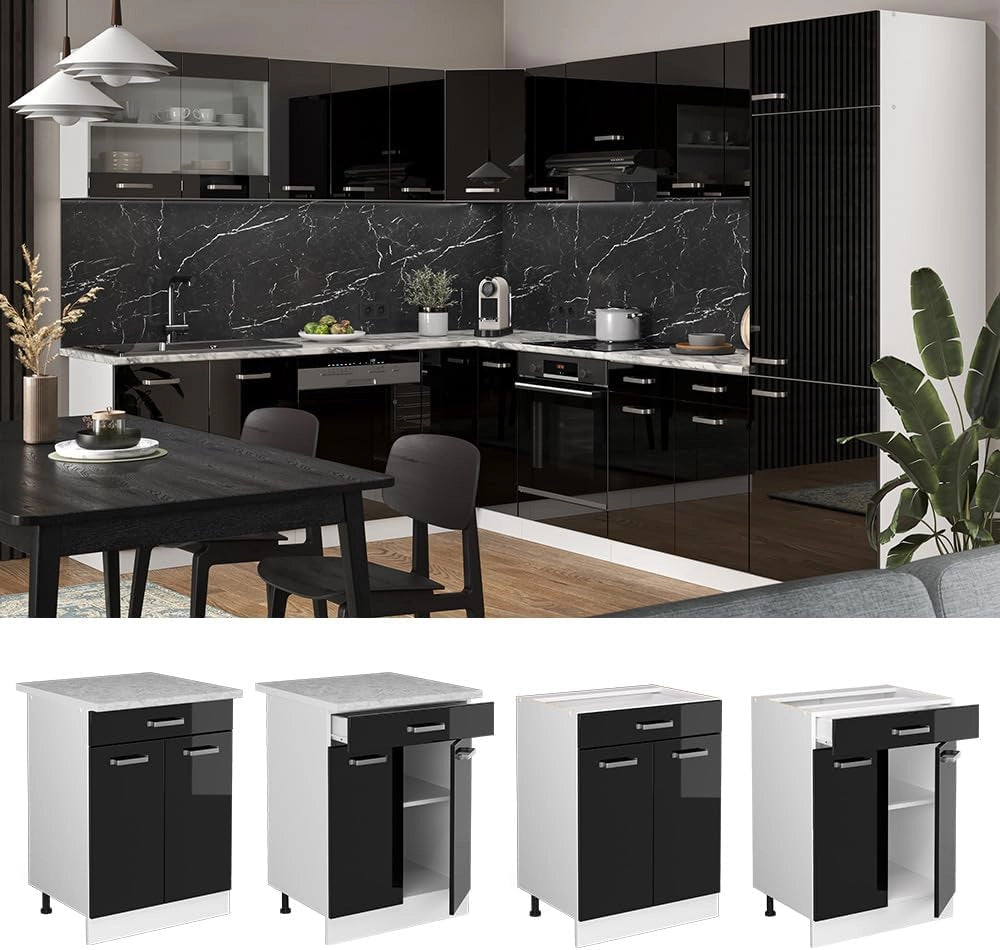 Mobiletto base per cucina R-Line, Nero lucido, 60 cm con cassetto, senza piano di lavoro, per la libera combinazione all'interno di sistemi cucina modulari