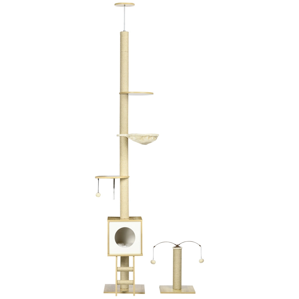 Albero tiragraffi per gatti altezza regolabile con gioco ¨C zephmum ¨C beige 40x40x225-285 cm