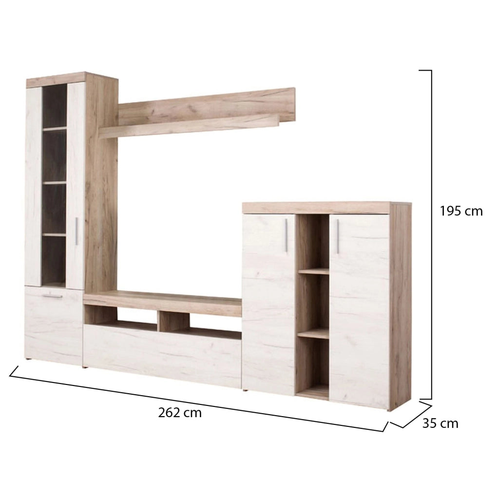 Mobile Soggiorno Oggiono, Parete Attrezzata Modulabile, 262x35x195h cm Bianco Larice
