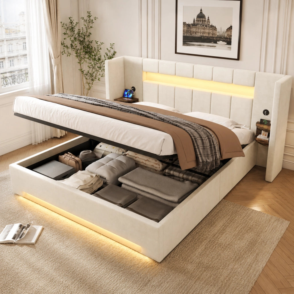 LETTO Contenitore 160x200 cm in velluto beige con USB, LED e idraulico