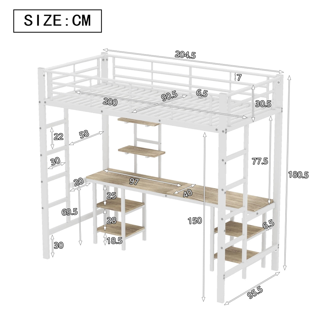 Letto a castello 90x200 cm con scrivania e scaffali in metallo e MDF; bianco