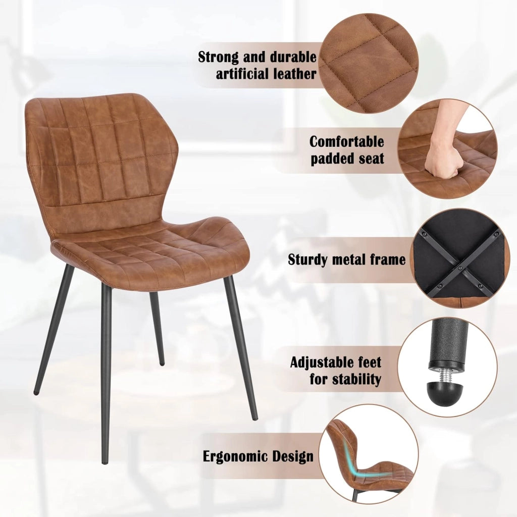 4x Sedie Ergonomica da Pranzo, Sedia Scandinava, Sedia da cucina in PU, Seduta Imbottita, per Camera da Letto, Salotto, Marrone, Gambe in Metallo, BH357br-4
