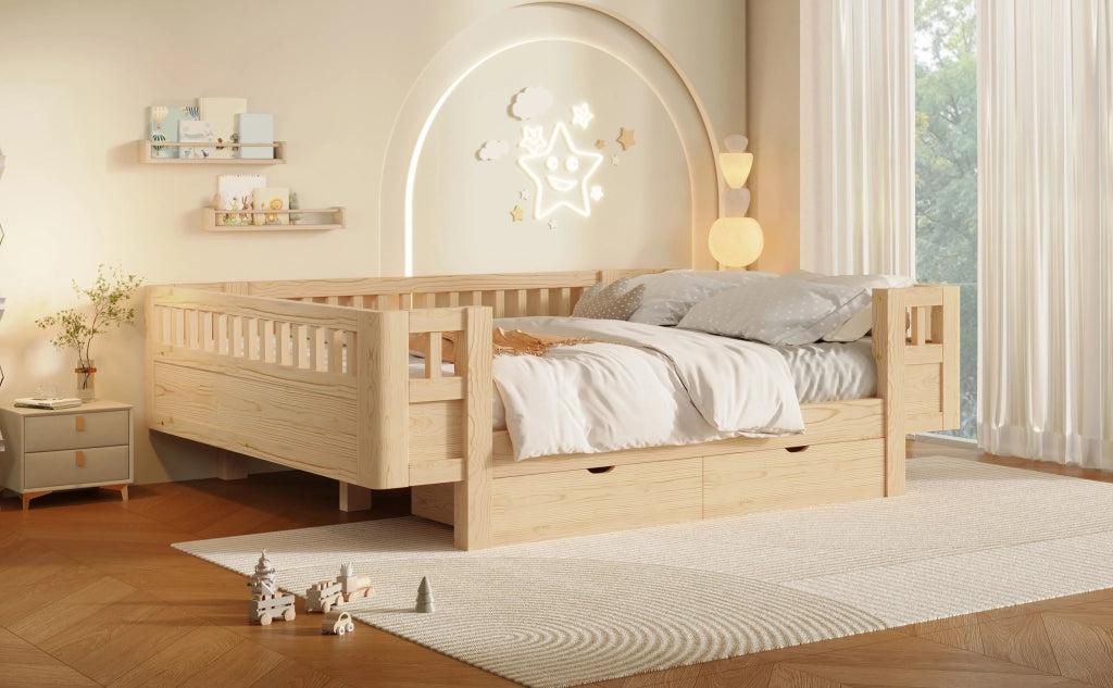 Letto 140x200 in Legno con Due Cassetti e Sponde Alte per Bambini