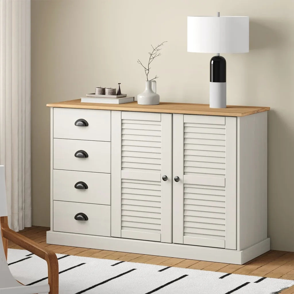 Credenza | Madia | Buffet da pranzo | Armadio da pranzo Cassetti VIGO 113x40x75 cm Legno Massello Pino Bianco
