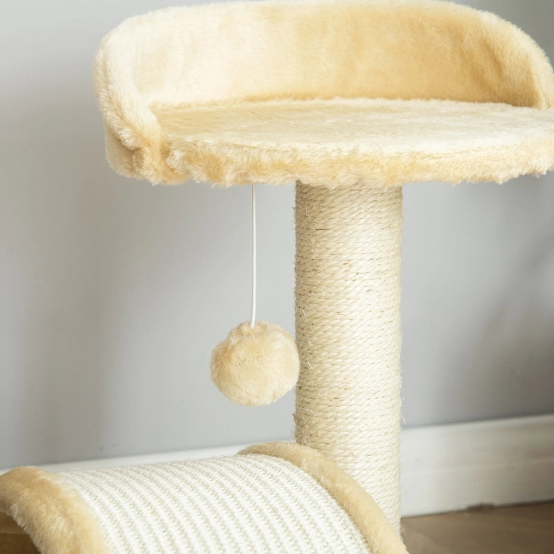 Albero tiragraffi per gatti beige con palline gioco, piattaforme e corde in sisal