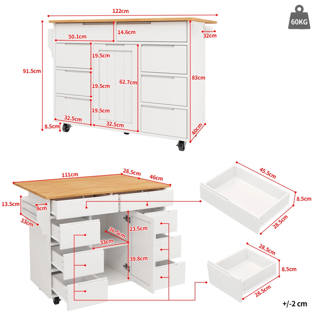 Isola da cucina 122x74.5x91.5 cm pieghevole con 8 cassetti; MDF bianco