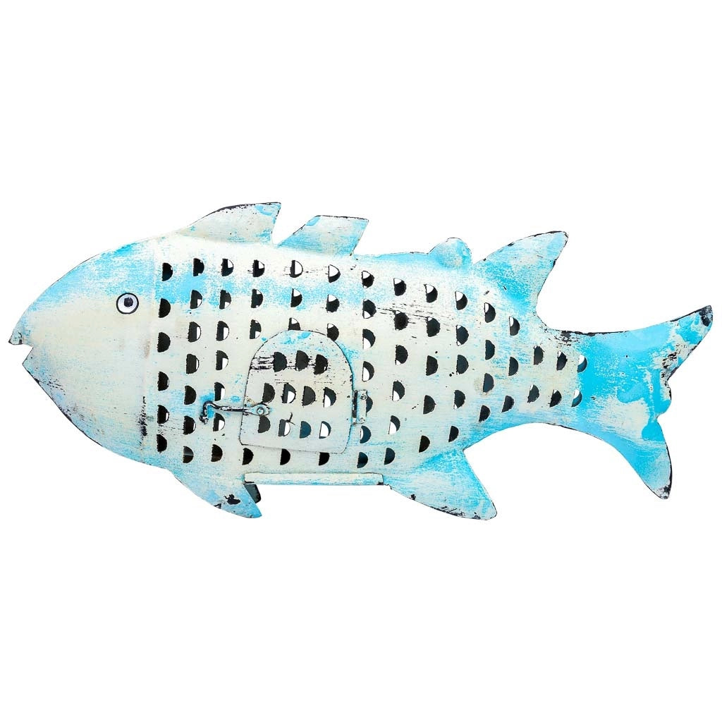 Portacandele pesce in metallo invecchiato blu 60x10x28h cm