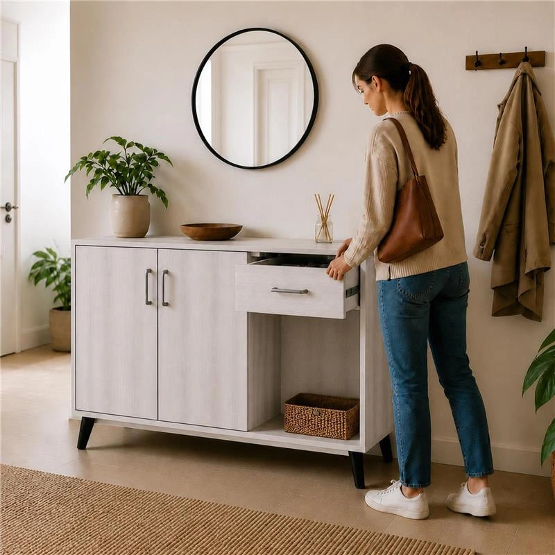 MOBILE IN MDF COLOR BIANCO LEGNO CON DUE ANTE, RIPIANO E CASSETTO MISURE: 120X38X74CM