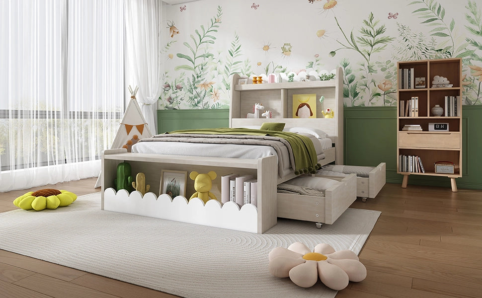 DESMIU Letto singolo per bambini con 2 cassetti, ripiani e panca contenitore 90 × 200 cm, senza materasso