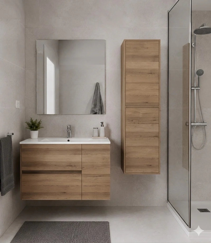 Mobile Bagno HEIMDALL Già Montato 2 cassetti e porta, lavabo e specchio Estepa 50x40 cm con colonna