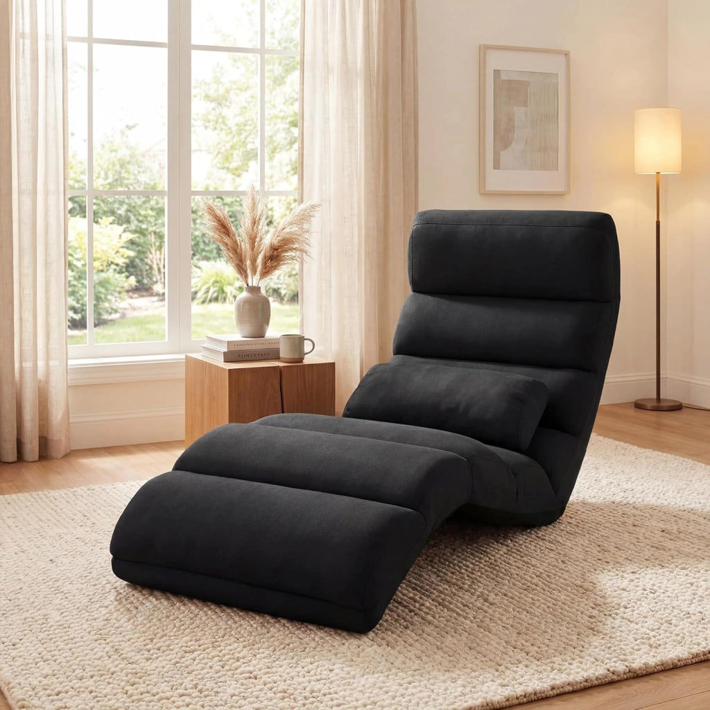 Poltrona Relax, Sedia Pieghevole da Pavimento, Divano Letto da Terra con Cuscino e Schienale Regolabile in 5 Posizioni, Sedia Imbottita Relax per Soggiorno, Camera da Letto (Nero)