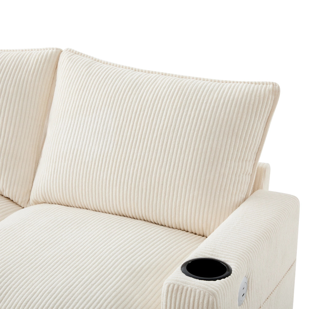 Divano modulare angolare 5 a 6 posti con contenitore, porte USB, portabicchieri e cuscini, in velluto a coste, Beige