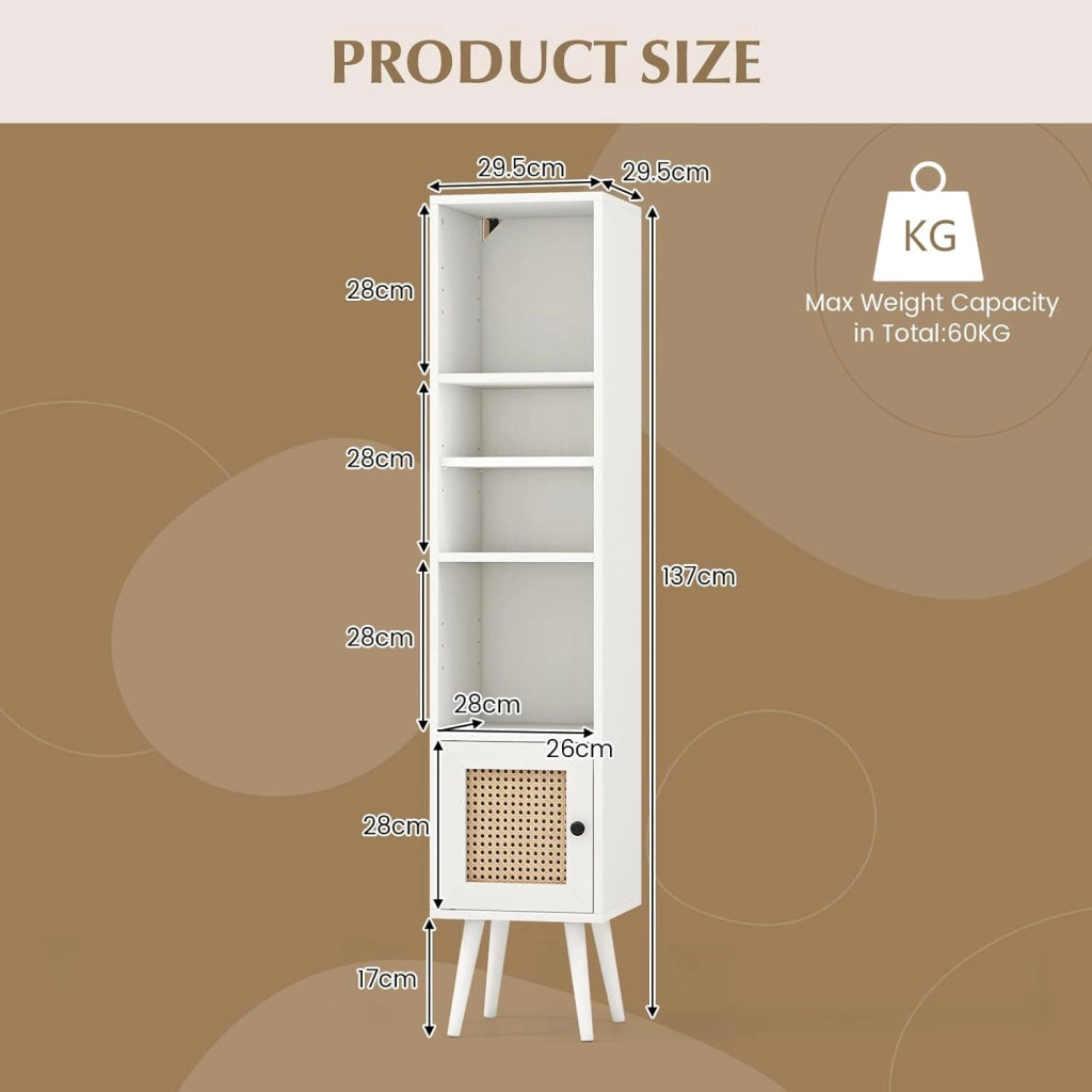 Armadio autoportante con anta in rattan, mobile a colonna con ripiano regolabile, libreria a piedi con dispositivo anti-ribaltamento, per soggiorno, sala studio (bianco)