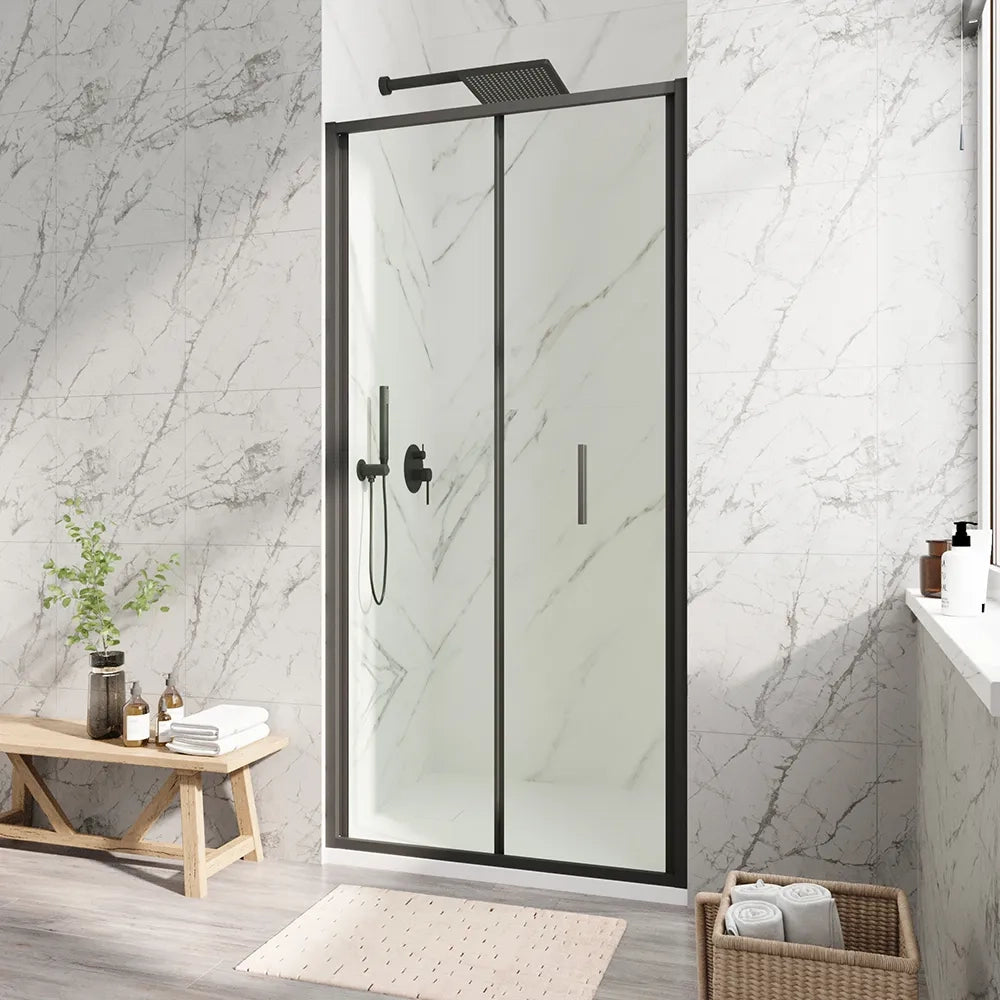 Porta doccia 90cm con apertura a libro profili slim nero opaco vetro 6mm trasparente h190 | Portofino
