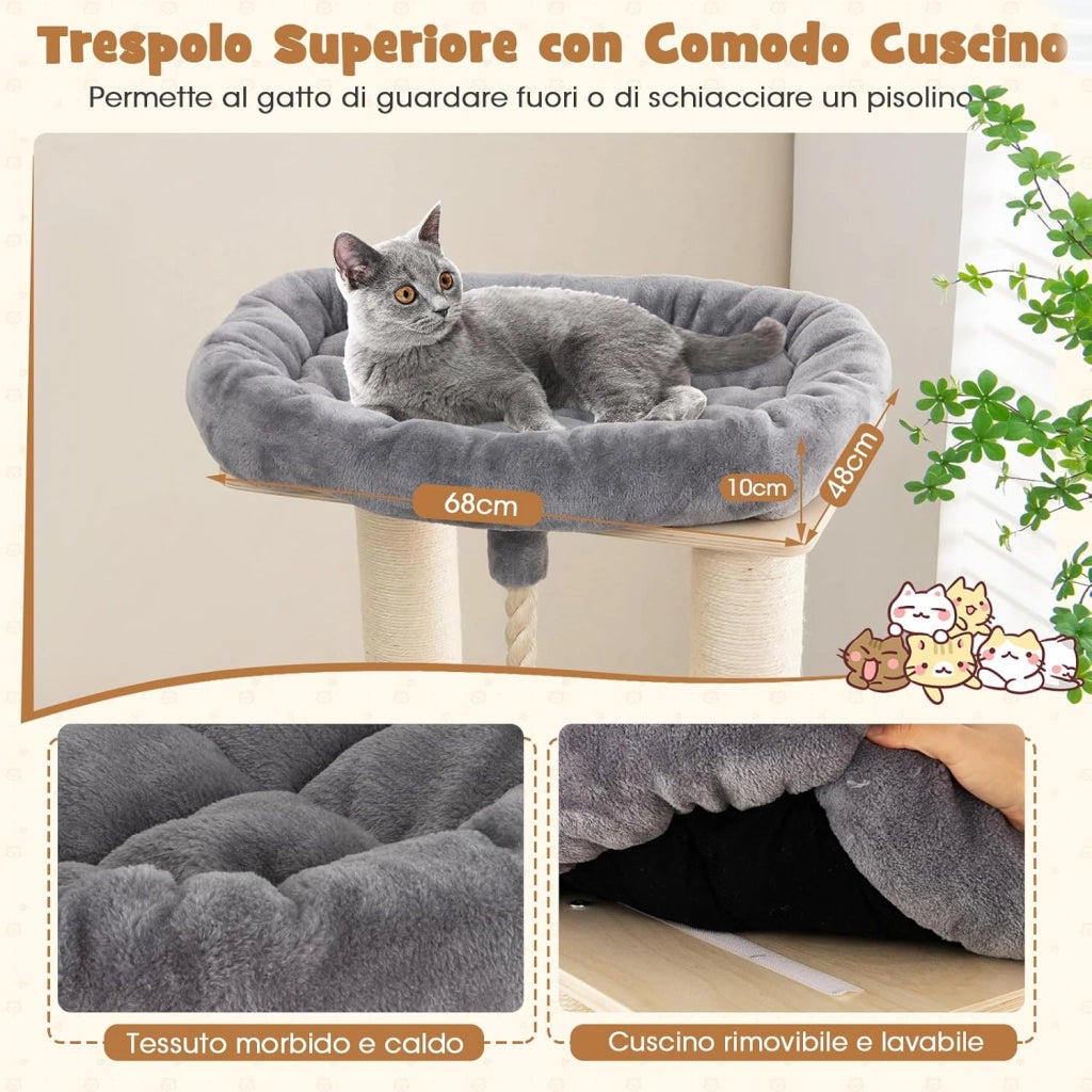 Albero per Gatti Moderno da 173 cm con 3 Piani, 2 Cucce, Amaca, Piattaforme, Tiragraffi in Legno per Gatti Interni